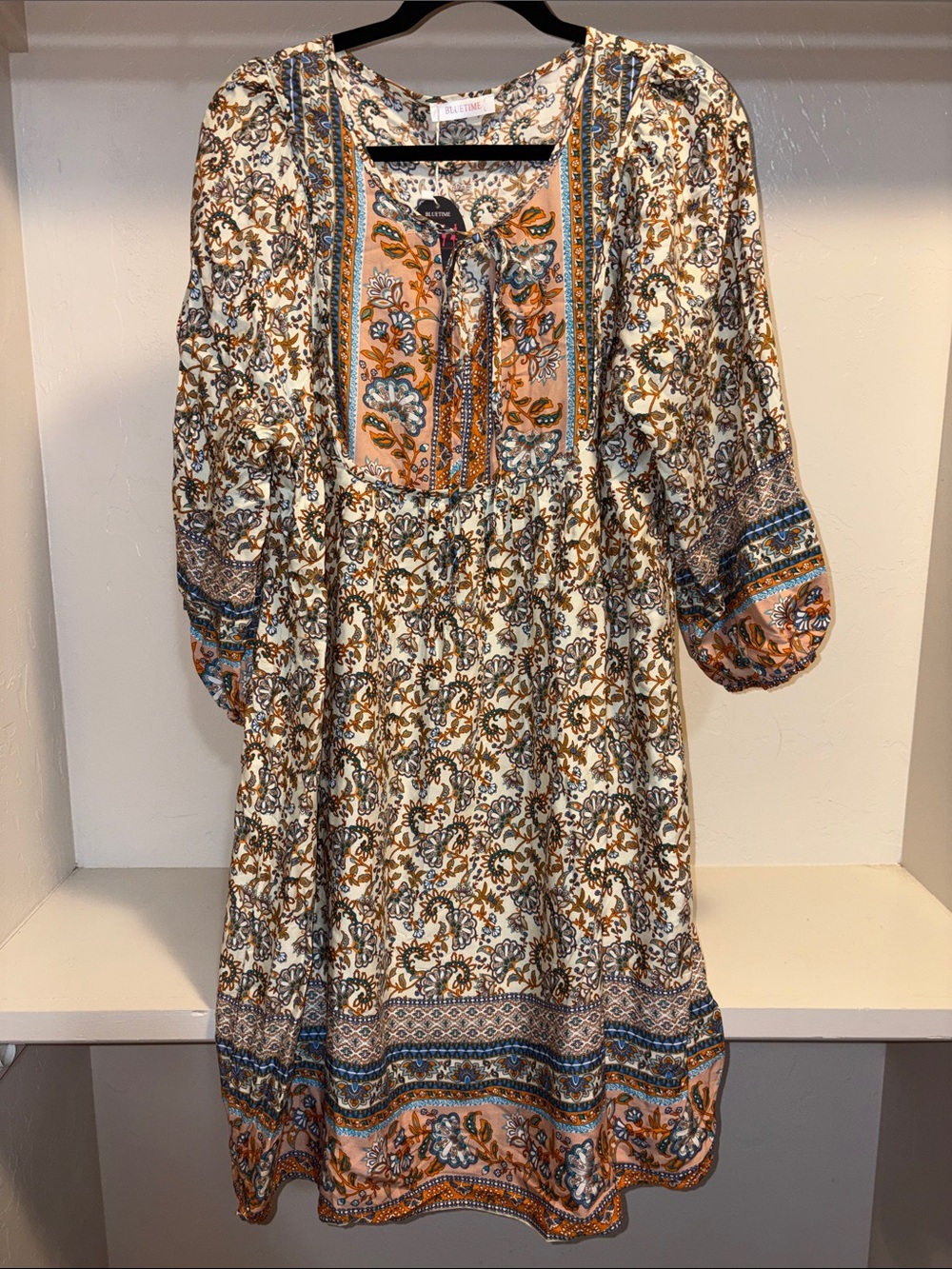 Boho Tie-Front Long Sleeve Dress in Cream & Rust Floral
